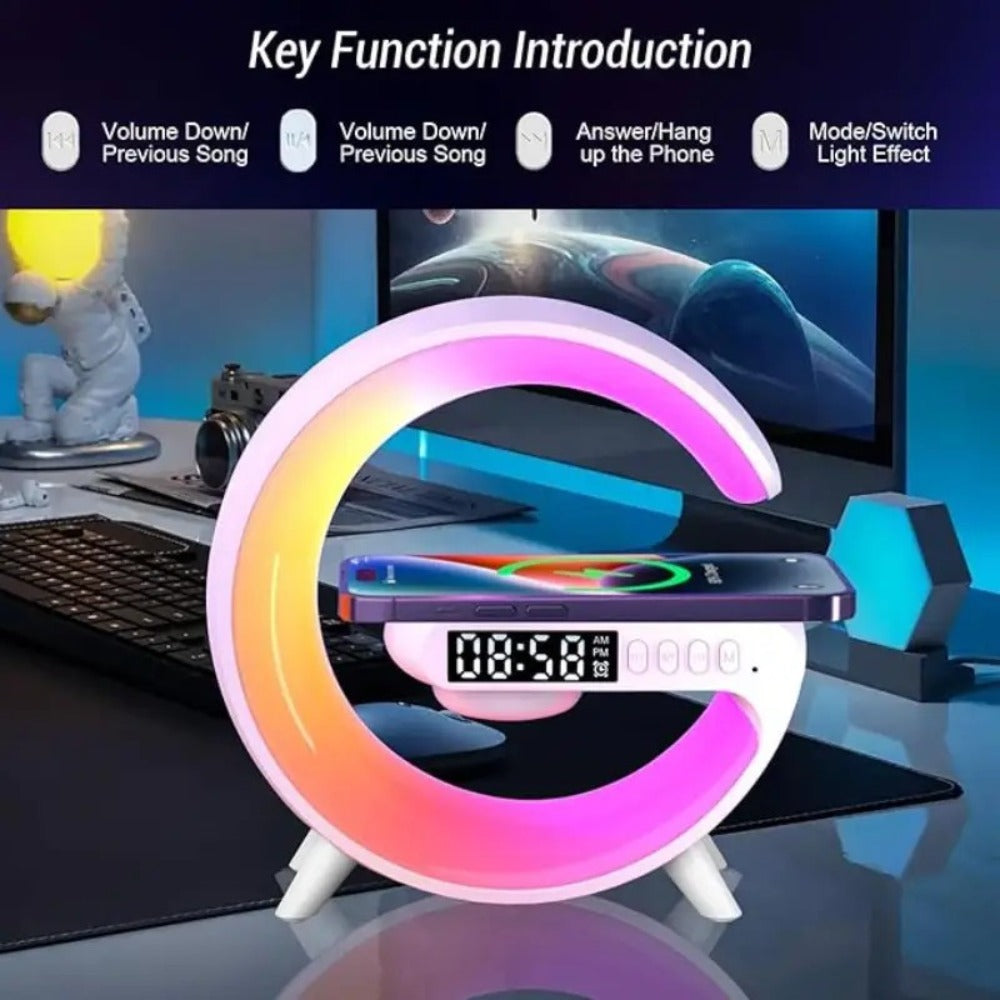 G-Shaped RGB Wireless Charging Lamp with Alarm Clock, Bluetooth Speaker and Black or White Finish