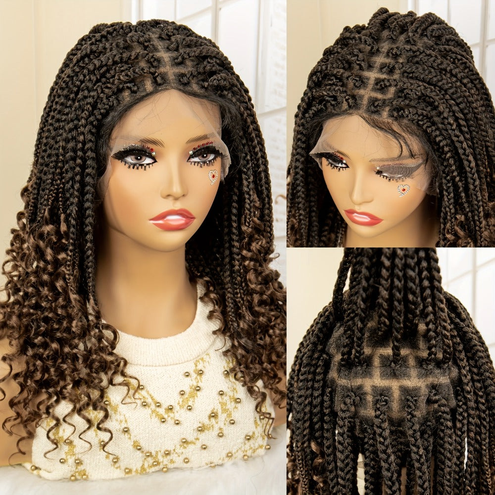 Goddess Braided Wig Knotless Bohemian Square Braid Full Lace Curly Wave 14-16 Inch Black Burgundy Brown Natural Hairline Protective Style Synthetic Wig for Women