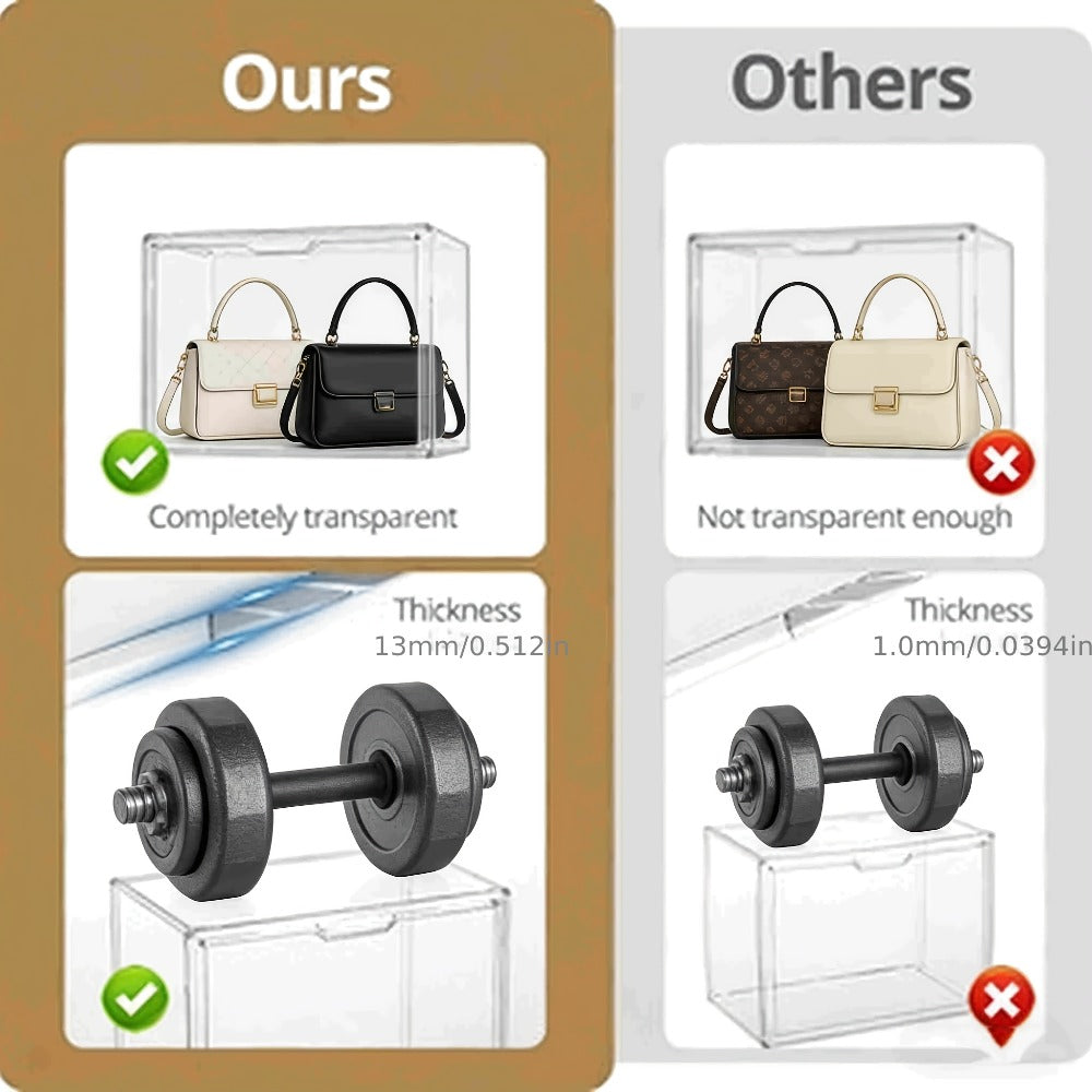 Three-Pack Clear Handbag Display Boxes with Front Magnetic Doors, Stackable Design and Exact Checkout Label