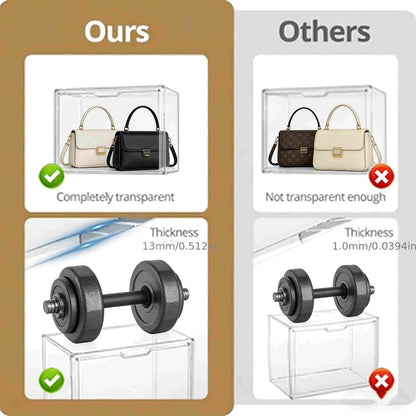 Three-Pack Clear Handbag Display Boxes with Front Magnetic Doors, Stackable Design and Exact Checkout Label