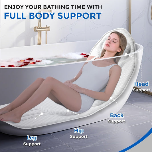 Full Body Bath Mat 52x16 Inch Bathtub Pillow with 180 Suction Cups 5D Mesh Cushion Head Neck Support Anti-Slip Spa Tub Pad for Women Luxury Bathroom Accessory