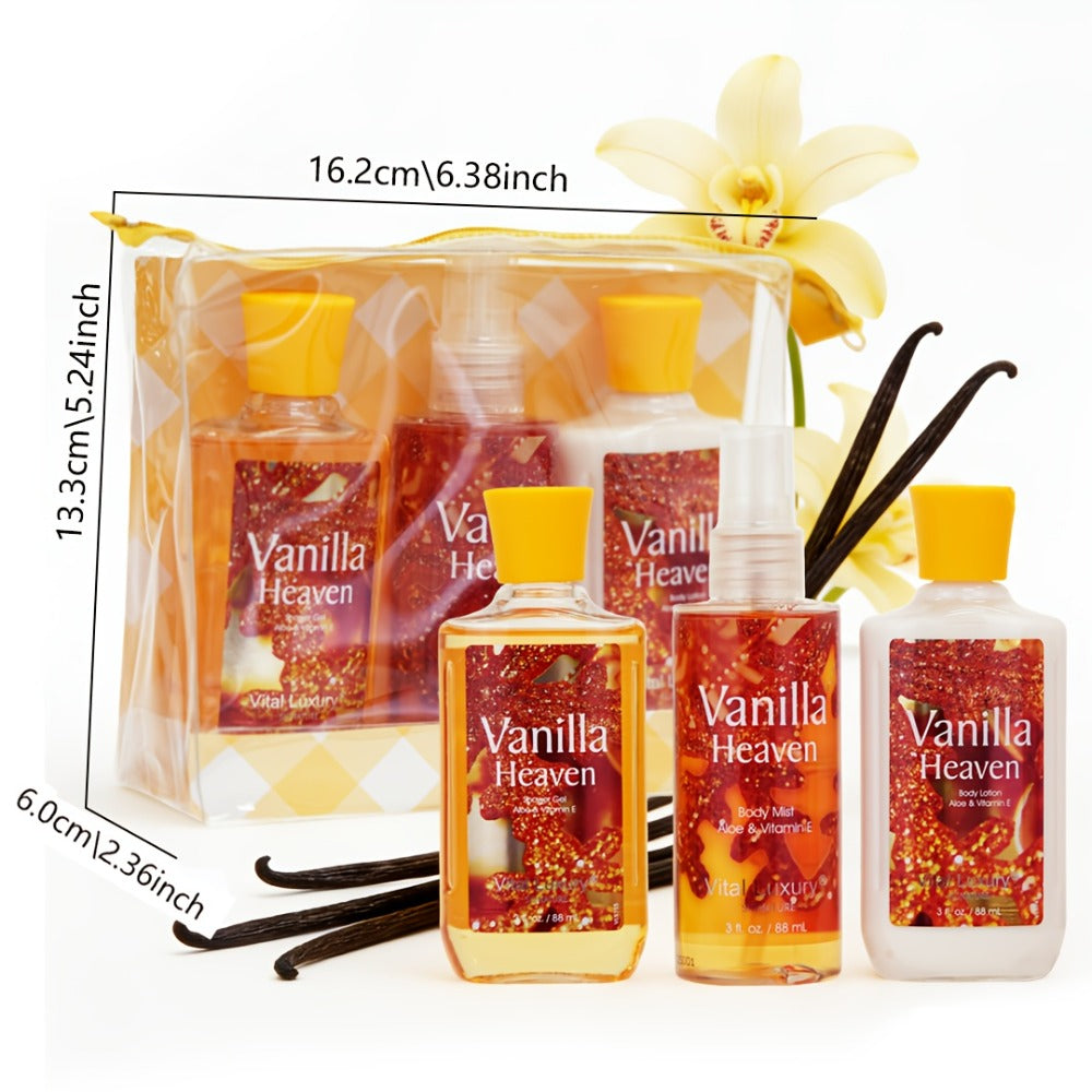 Three-Piece Vanilla Heaven Bath Set with 3 oz Shower Gel, Body Lotion, Body Mist and Clear Pouch