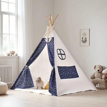 Kids Teepee Play Tent with 140 x 120cm Frame, White, Blue, Pink or Star Fabric Options and No Sitting Mat