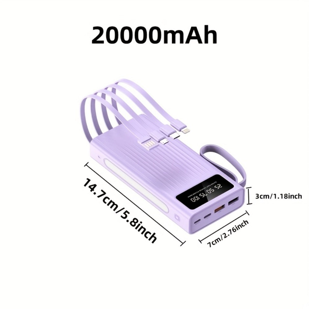 Power Bank 10000-30000mAh with 15W Charging, Four-in-One Cable and Four-Mode Camping Light
