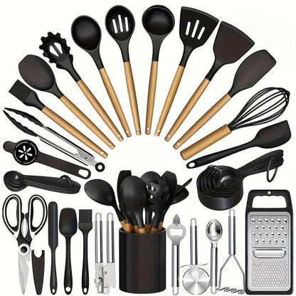 35- or 36-Piece Silicone Kitchen Utensil Set with Holder in Black, Pink or Red, with Optional Glass Cup