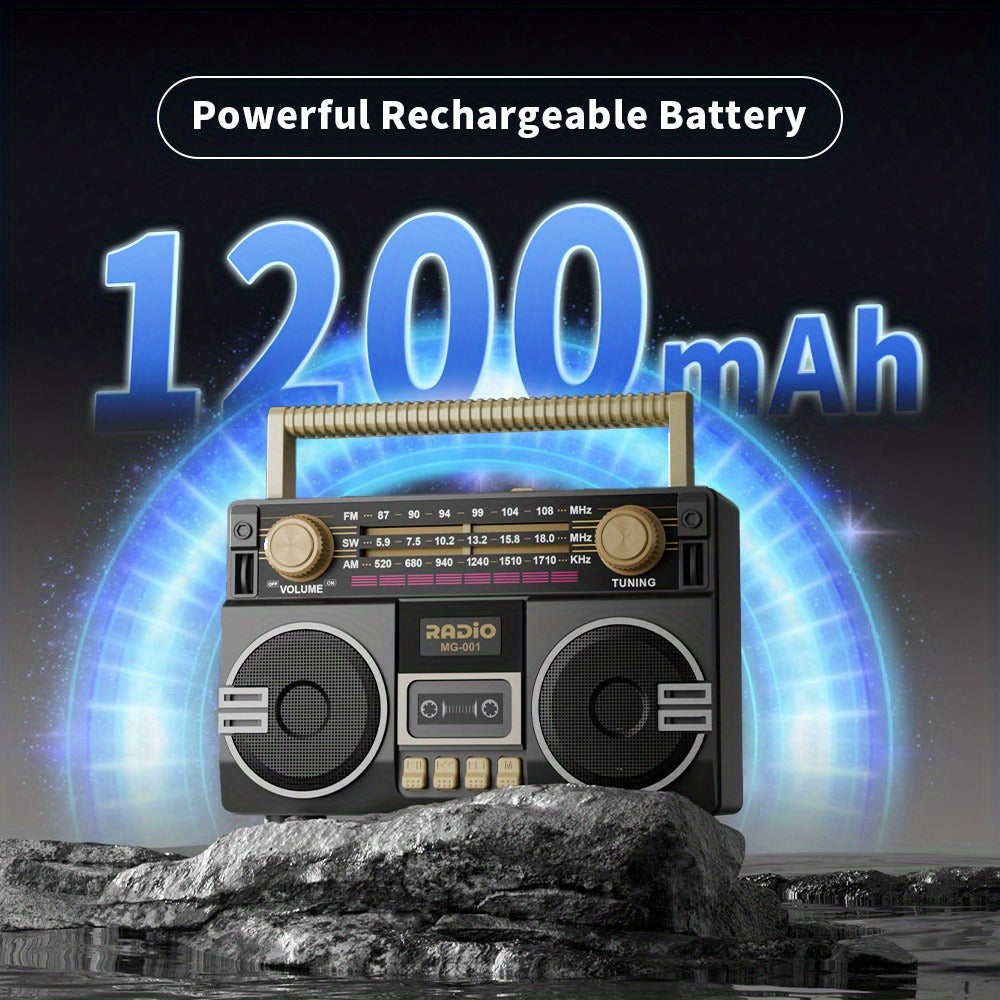 Portable AM/FM/SW Radio with 1200mAh Battery, Bluetooth, USB/TF/AUX Playback and LED Flashlight