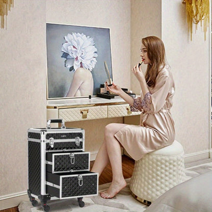 Black Rolling Makeup Train Case with Four Wheels, Telescoping Handle, Three Top Trays and Two Drawers