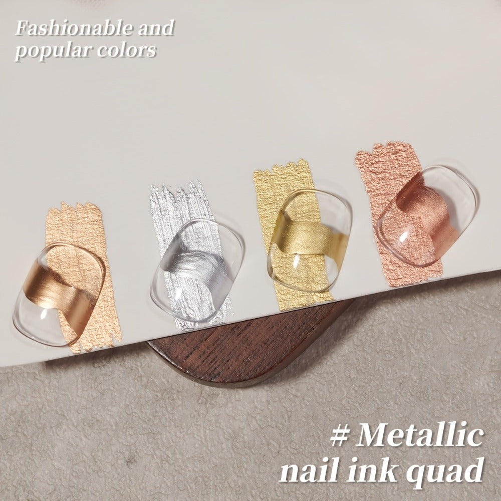 Metallic Smudge Nail Art Gel Four-Bottle Set in Gold, Silver and Rose Tones with Narrow Cap Brushes