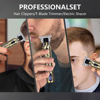 Hair Clippers & Trimmers Vintage Gold T-Blade Model with LCD Display, USB Charging and Three Etched Designs