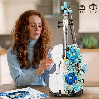1419-Piece Flower Violin Building Block Model with Brick-Built Stand, Blue Blooms and Panel Detail