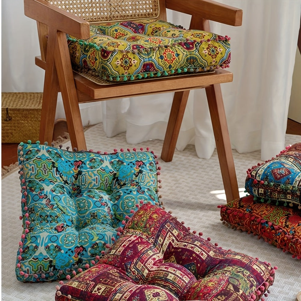 Square Bohemian Floor Cushion in Moroccan Orange or Bohemian Yellow with Forty-Two-Centimeter Size
