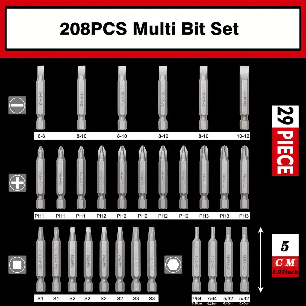 208-Piece Screwdriver Bit Set Impact Driver Kit - S2 Steel Torx Phillips Square Hex Nut Driver with Toolbox for Drill Power Tool DIY Auto Repair