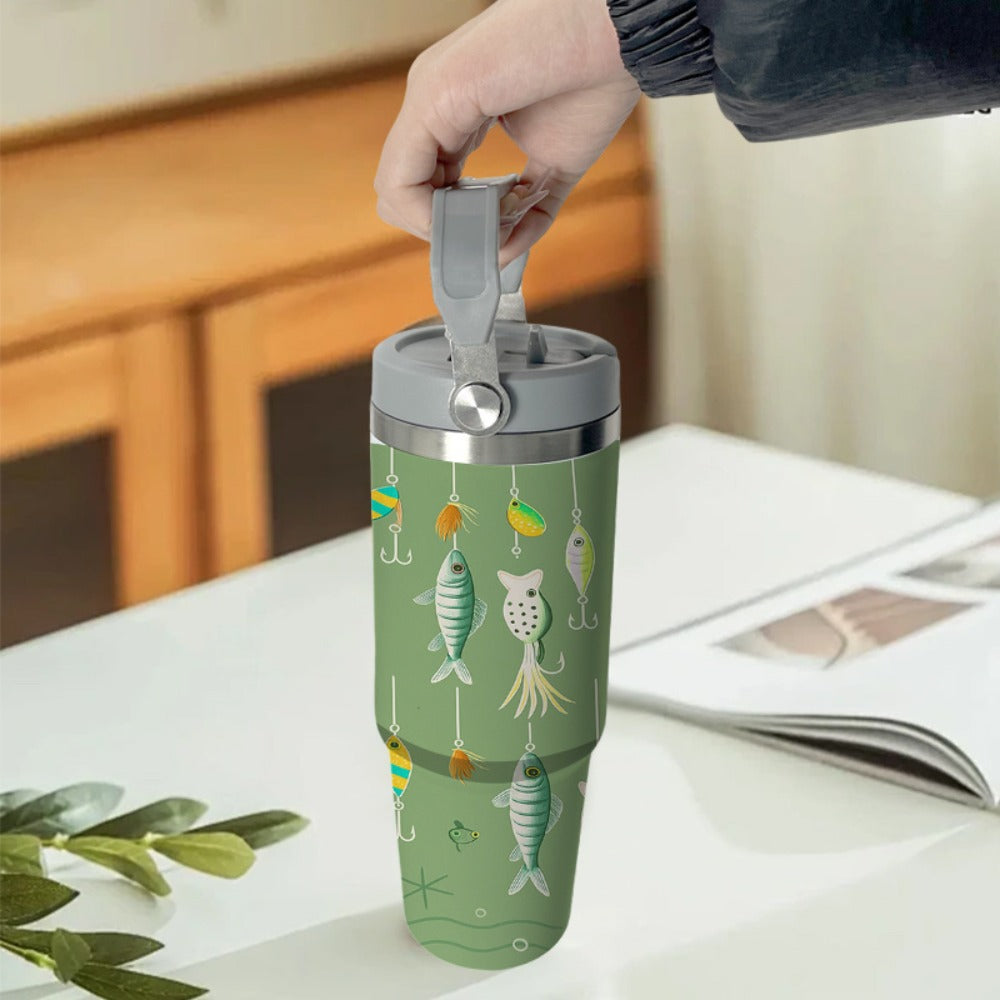 30oz Green Fish-Print Travel Mug with Carry Handle, Straw Lid and Tapered Cup-Holder Base Design