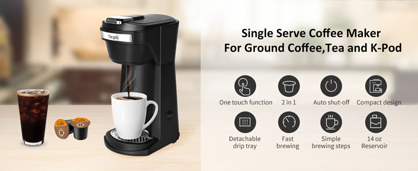 Single-Serve Coffee Maker for Pods or Grounds with 6-14oz Fill Labels, One-Button Control and Four Colors