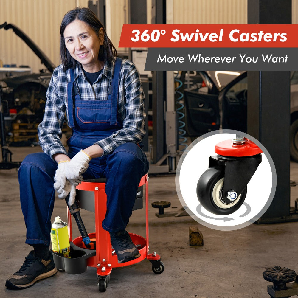Rolling Workshop Stool with Drawers – 330 lb Mechanic Seat with 2 Storage Drawers, Cup Holders, Tool Tray, Removable Cushion & 4 Swivel Casters for Garage Auto Repair (Black/Red)