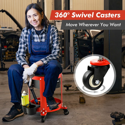 Rolling Workshop Stool with Drawers – 330 lb Mechanic Seat with 2 Storage Drawers, Cup Holders, Tool Tray, Removable Cushion & 4 Swivel Casters for Garage Auto Repair (Black/Red)