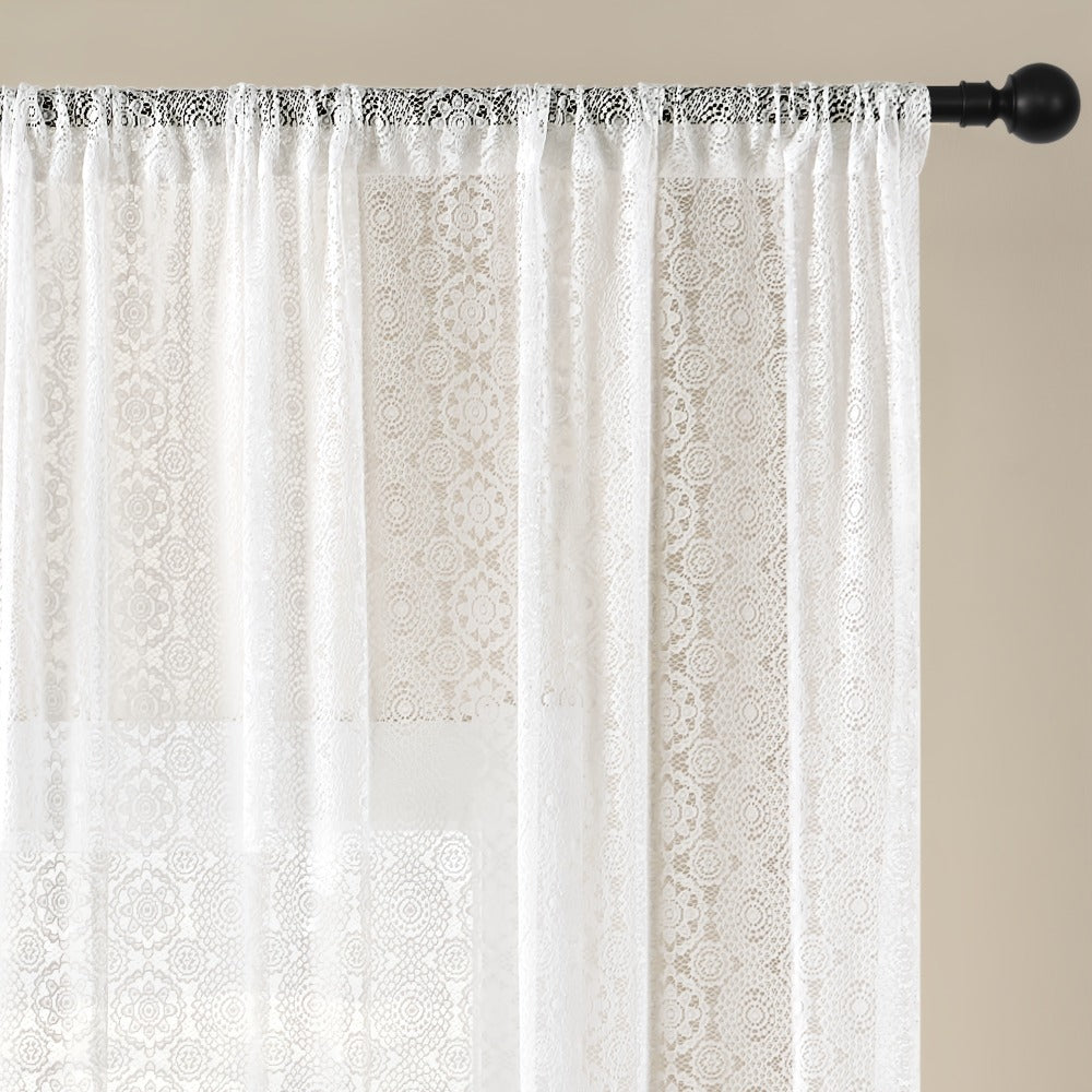 Sheer Chiffon Curtain French Retro Lace Embroidered White Voile Rod Pocket Panel | Living Room Bedroom Room Divider | Boho Cottagecore Romantic Window Drape 145x114 145x183 145x244cm