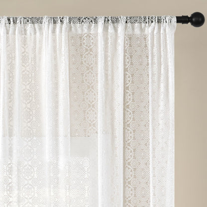 Sheer Chiffon Curtain French Retro Lace Embroidered White Voile Rod Pocket Panel | Living Room Bedroom Room Divider | Boho Cottagecore Romantic Window Drape 145x114 145x183 145x244cm