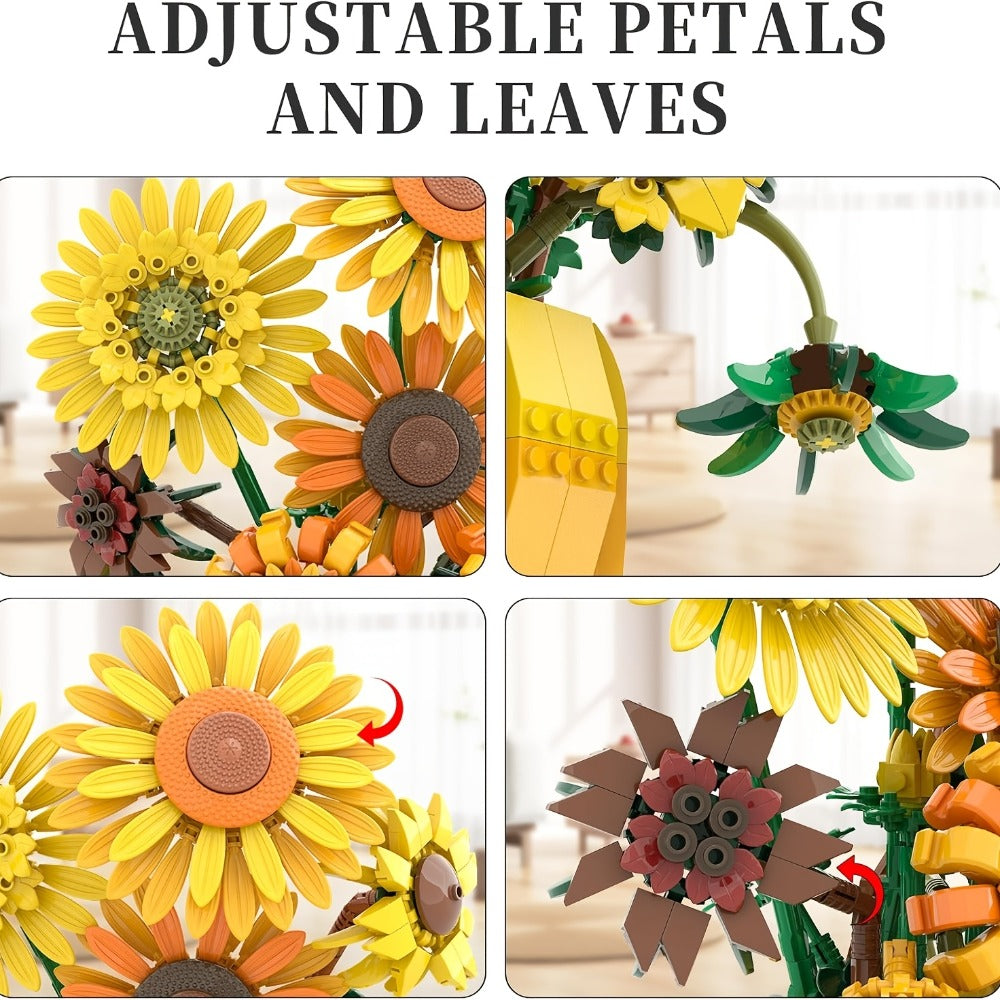 Sunflower Bouquet Building Blocks Set with 1009-Piece Checkout Label, Adjustable Petals and Yellow Vase Display