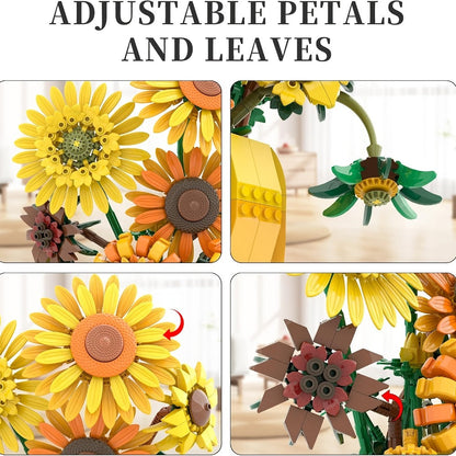 Sunflower Bouquet Building Blocks Set with 1009-Piece Checkout Label, Adjustable Petals and Yellow Vase Display