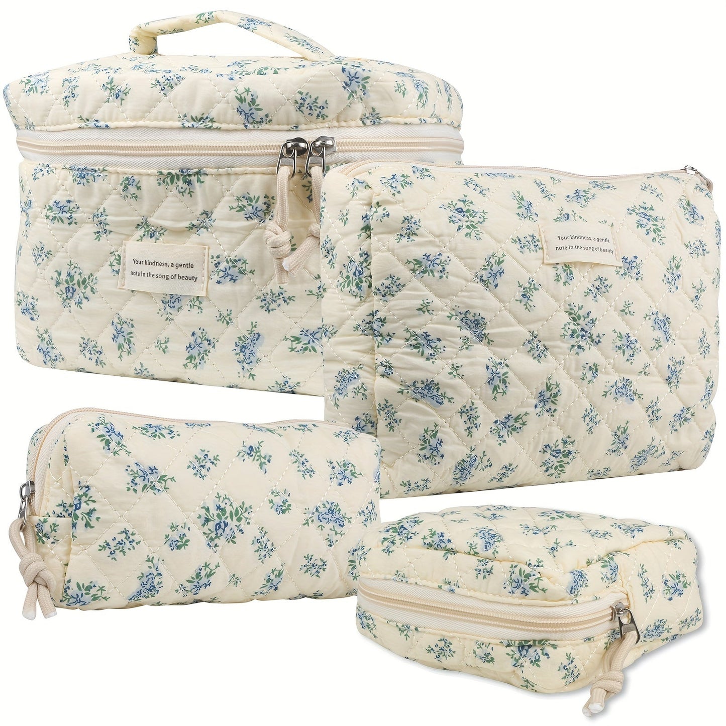 Makeup Bag – Quilted Makeup Bag Set 4-Piece Floral Rose Coquette Aesthetic Premium Cotton Cosmetic Organizer Travel Toiletry Pouch 4…