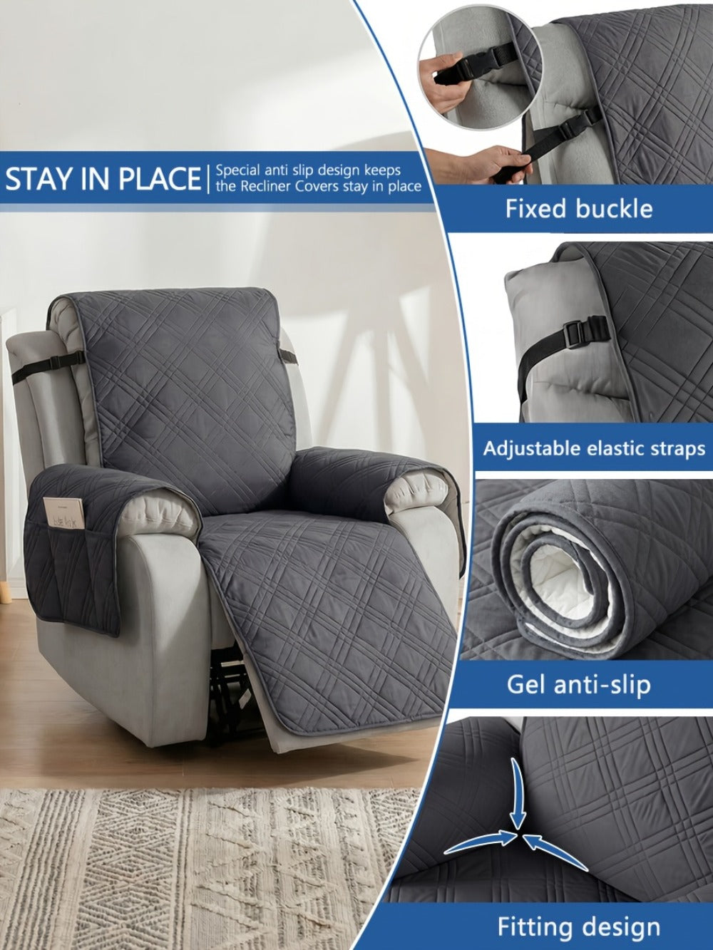 Quilted One-Piece Recliner Chair Cover with Side Pocket, Back Strap and Six Solid Color Options