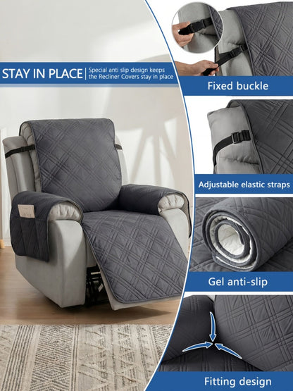 Quilted One-Piece Recliner Chair Cover with Side Pocket, Back Strap and Six Solid Color Options