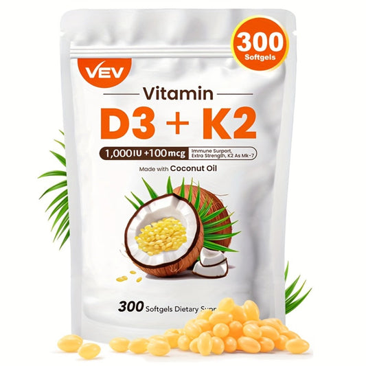 Bone Health Supplement Vitamin D3 1000 IU K2 MK-7 100mcg – 300 Softgels with Coconut Oil for Calcium Absorption, Immune Support & Heart Health – Daily Wellness Vitamins for Active Lifestyles, Men and Women