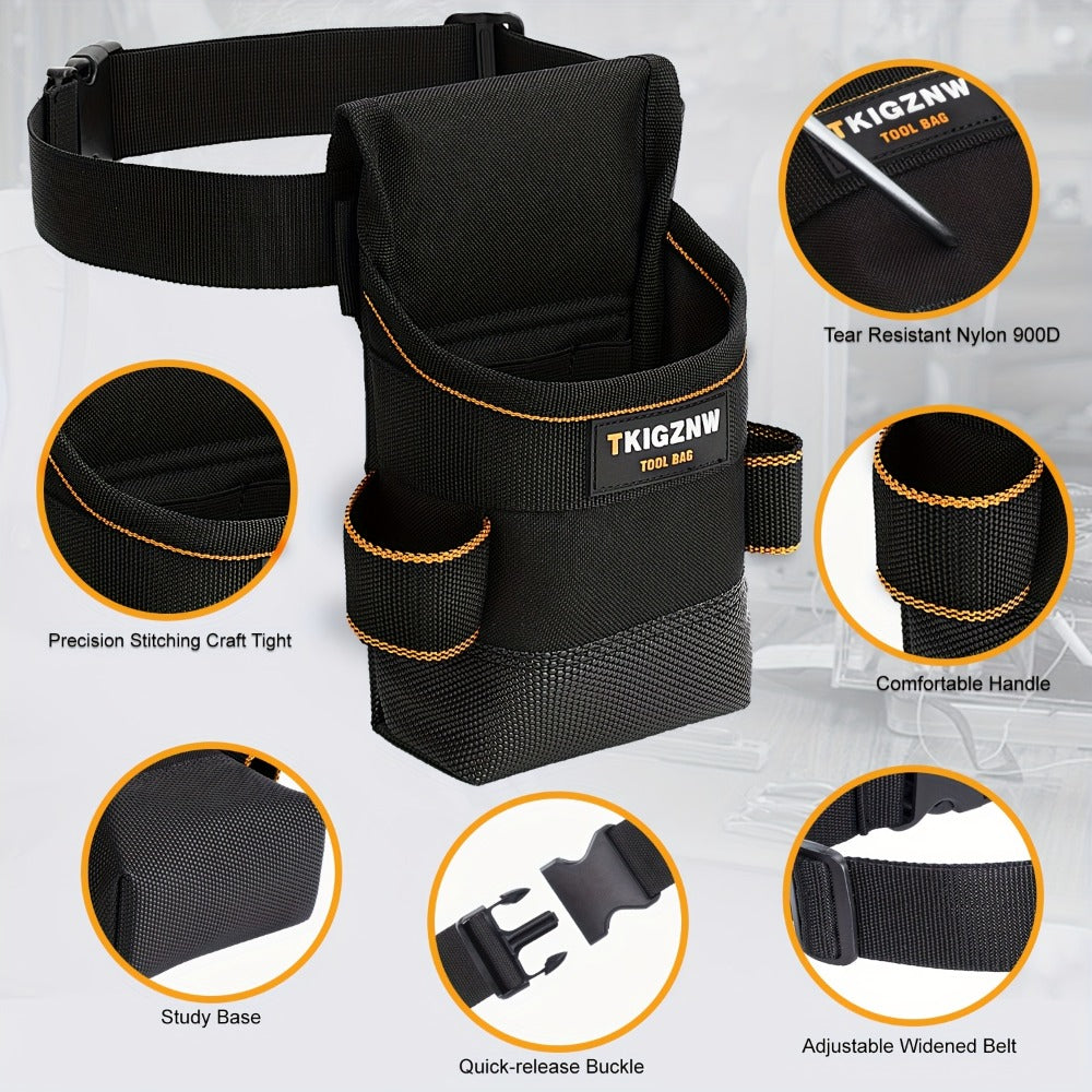 Black Tool Belt Pouch with Adjustable Waist Strap, Zipper Pocket and Multi-Compartment Layout