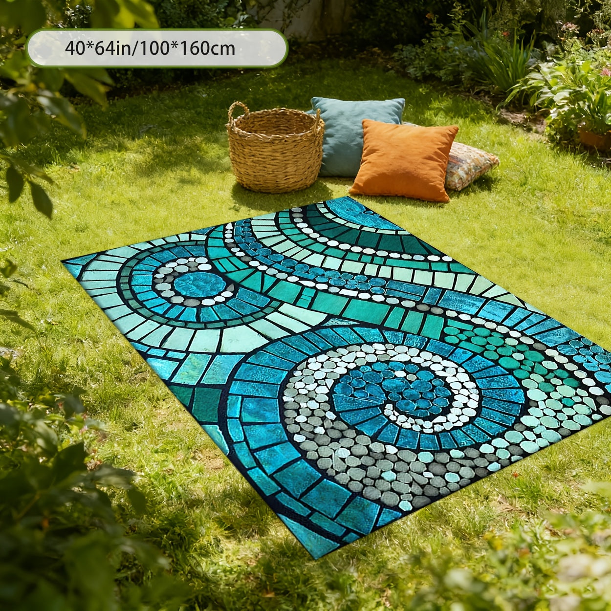 Blue Spiral Mosaic-Pattern Outdoor Rug in Five Displayed Sizes from 32 x 48 to 80 x 120 Inches