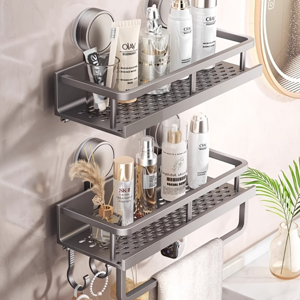 Wall-Mounted Suction Cup Shower Caddy with Towel Hook in Three Size and Pack Options for Bathrooms