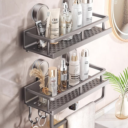 Wall-Mounted Suction Cup Shower Caddy with Towel Hook in Three Size and Pack Options for Bathrooms
