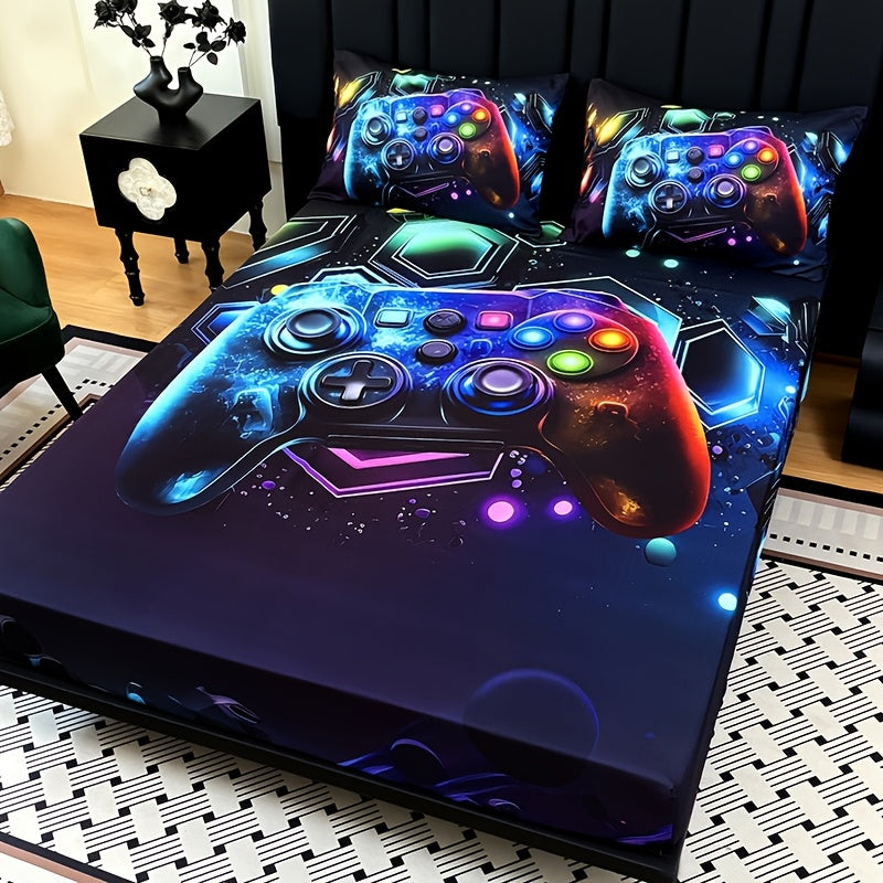 3-Piece Gamepad Bedding Set with Fitted Sheet and 2 Pillowcases, Twin to King Sizes, No Filling