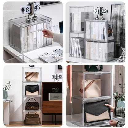 Three-Pack Clear Handbag Display Boxes with Front Magnetic Doors, Stackable Design and Exact Checkout Label