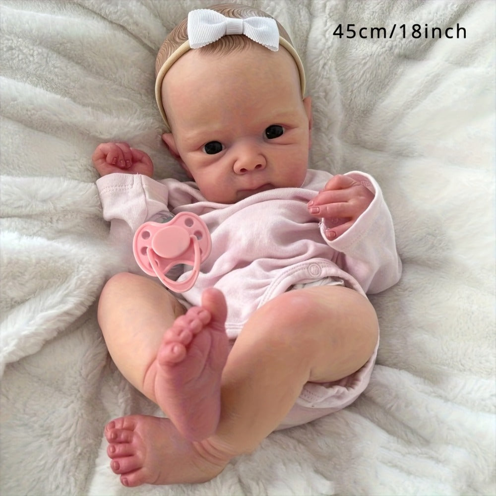 Reborn Baby Doll 18-Inch Full Vinyl Body with Painted Hair, Open Eyes, Pink Outfit, Pacifier and Accessory Card