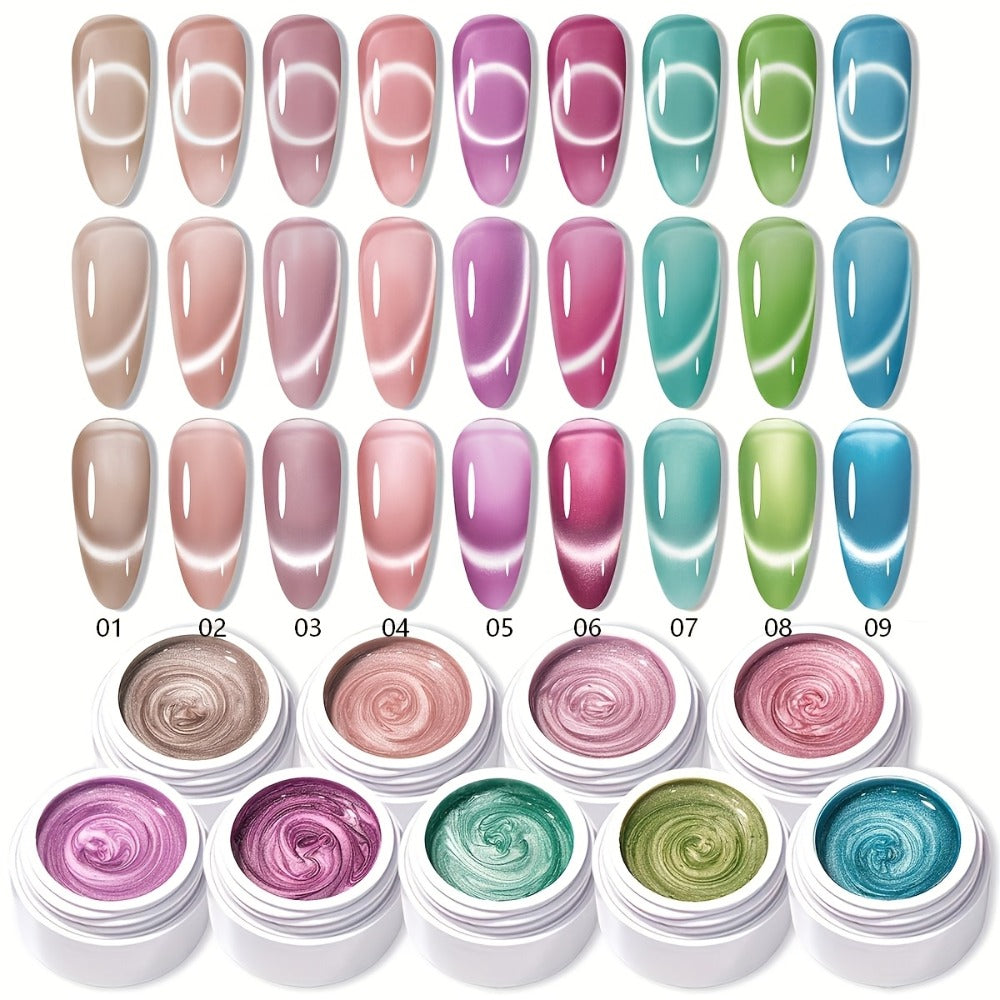 Nine-Color Cat Eye Gel Polish Jar Set with MORDDA Flower Order Shades and Included Magnetic Tool