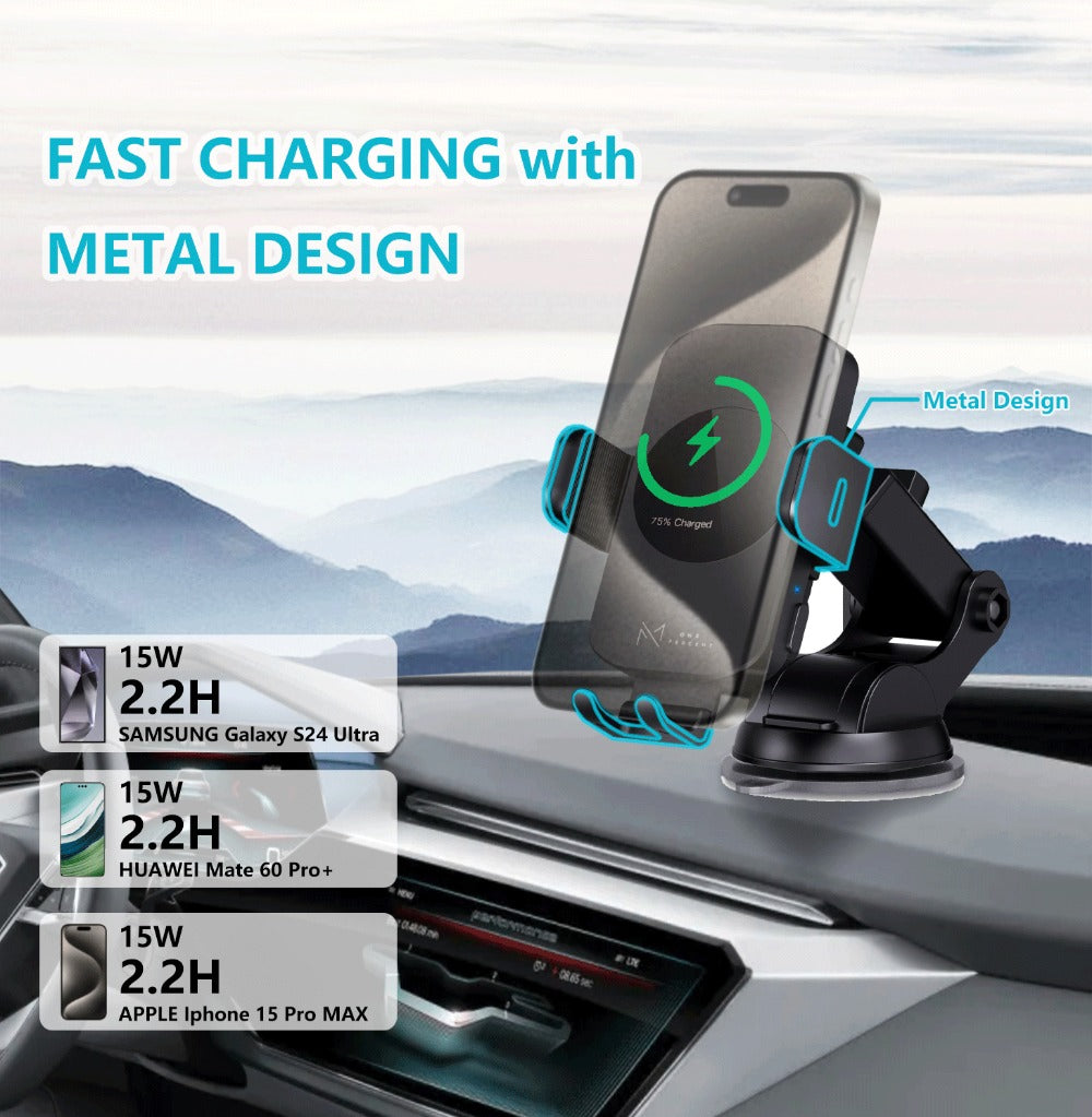 4-Color Wireless Car Charger Mount 15W Qi Auto-Clamping – Fast Wireless Charging Phone Holder for iPhone 17 16 15 14 13 12 11 Pro Max, Samsung Galaxy S24 S23 S22 S21 & All Qi Phones | Black Blue Red Gold