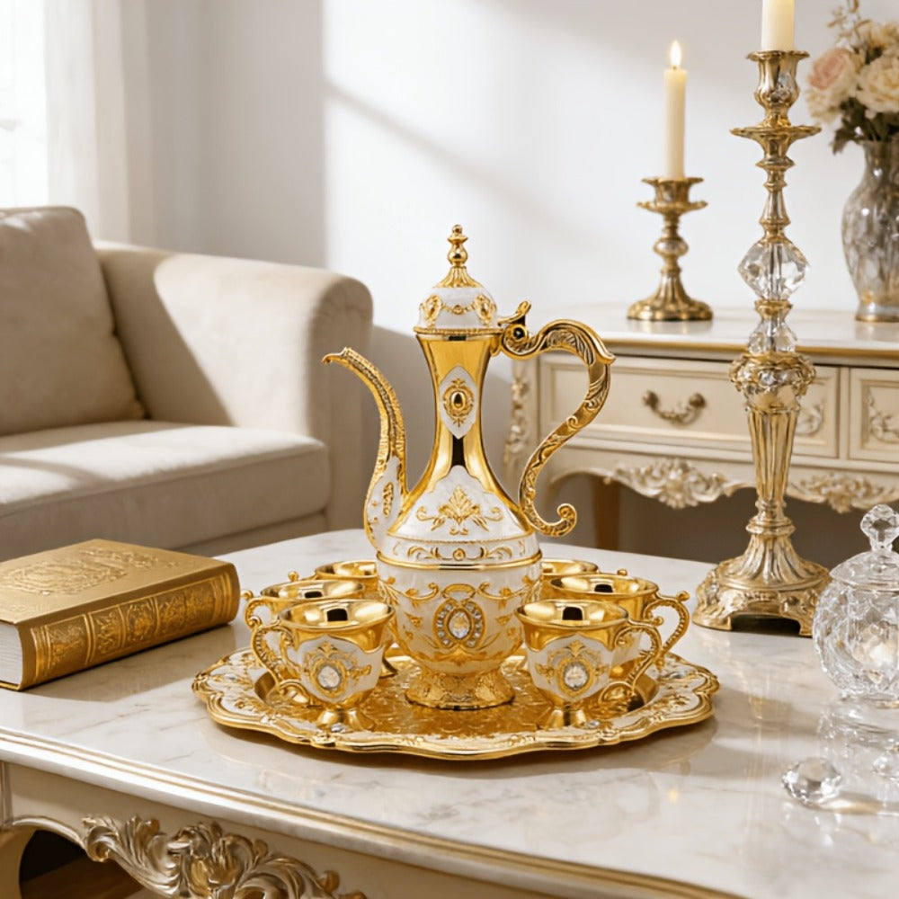Vintage-Style Turkish Tea and Coffee Serving Set with Teapot, Six Cups and Tray in Three Colors