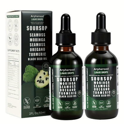 Soursop Graviola Liquid Drops 2 Fl Oz – Leaf & Fruit Blend with Sea Moss, Elderberry & Black Seed Oil | High-Potency Oral Drops for Immune Support, Digestive Health & Liver Wellness | Glass Bottle | Pack of 1, 2 or 3
