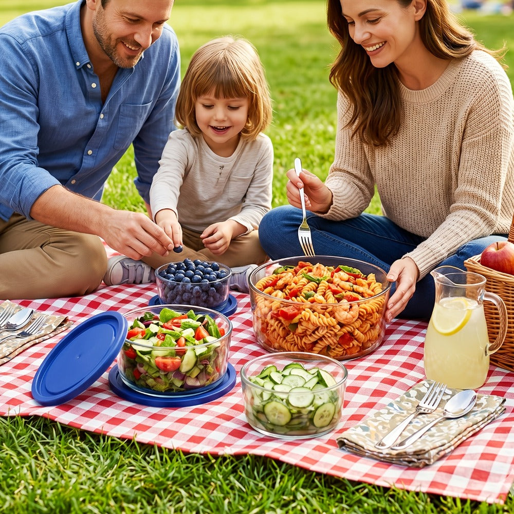 Four-Piece Glass Food Storage Bowl Set with Blue Lids in 1-, 2-, 4- and 7-Cup Sizes for Home and Everyday Use