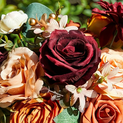 Artificial Flowers Bouquet Set – Foam Roses for Wedding, Fall Halloween Valentine's Day Table Decor, Orange Wine Red Blue