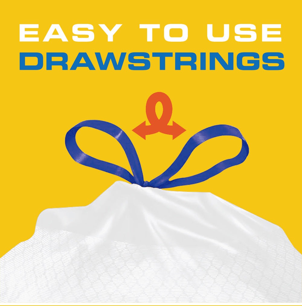 White Drawstring Kitchen Trash Bags, 13-Gallon 150-Count Pack in Three Rolls with Exact Checkout Configuration