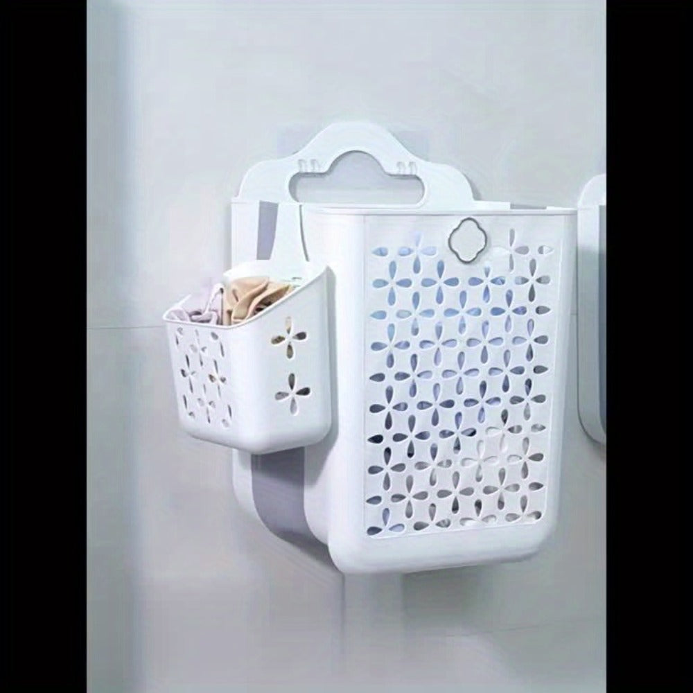 Foldable Laundry Basket Wall Mounted – No-Drill Plastic Storage Bin with Cutout Design for Clothes, Toys, Snacks & Fruits – Space-Saving Collapsible Organizer for Bathroom, Balcony & Bedroom