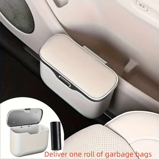 Car Trash Can Leather & ABS – Leak-Proof Auto Garbage Bin with Lid | Dry & Wet Waste | Universal Fit 99% Cars | Includes Garbage Bags | Black & Beige
