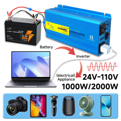 Blue 12V or 24V DC to 110V AC Power Inverter with 2000W Checkout Labels, USB Port and Battery Cables
