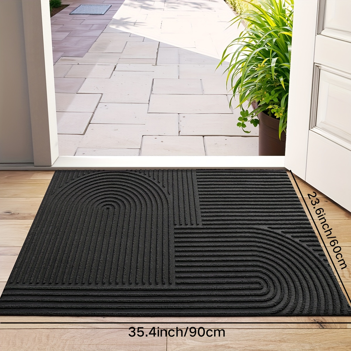 Time Arc Door Mat with Geometric Groove Pattern in Black, Gray or Brown and Two Rectangular Sizes