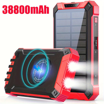 32800mAh Solar Power Bank 6 Outputs Wireless Charger – 4 Built-In Cables Dual Flashlights 15W Fast Charging, 32800 38800mAh External Battery Pack for Travel Camping GPS Emergency iPhone 17 Android