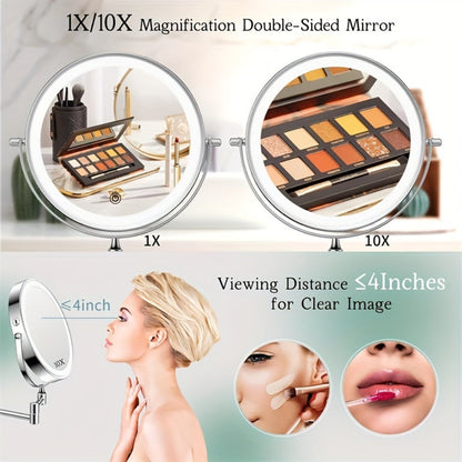 Makeup Mirror Wall-Mounted 8-Inch Dual-Sided 1X and 10X with Three Light Colors, Touch Dimming and USB Charging