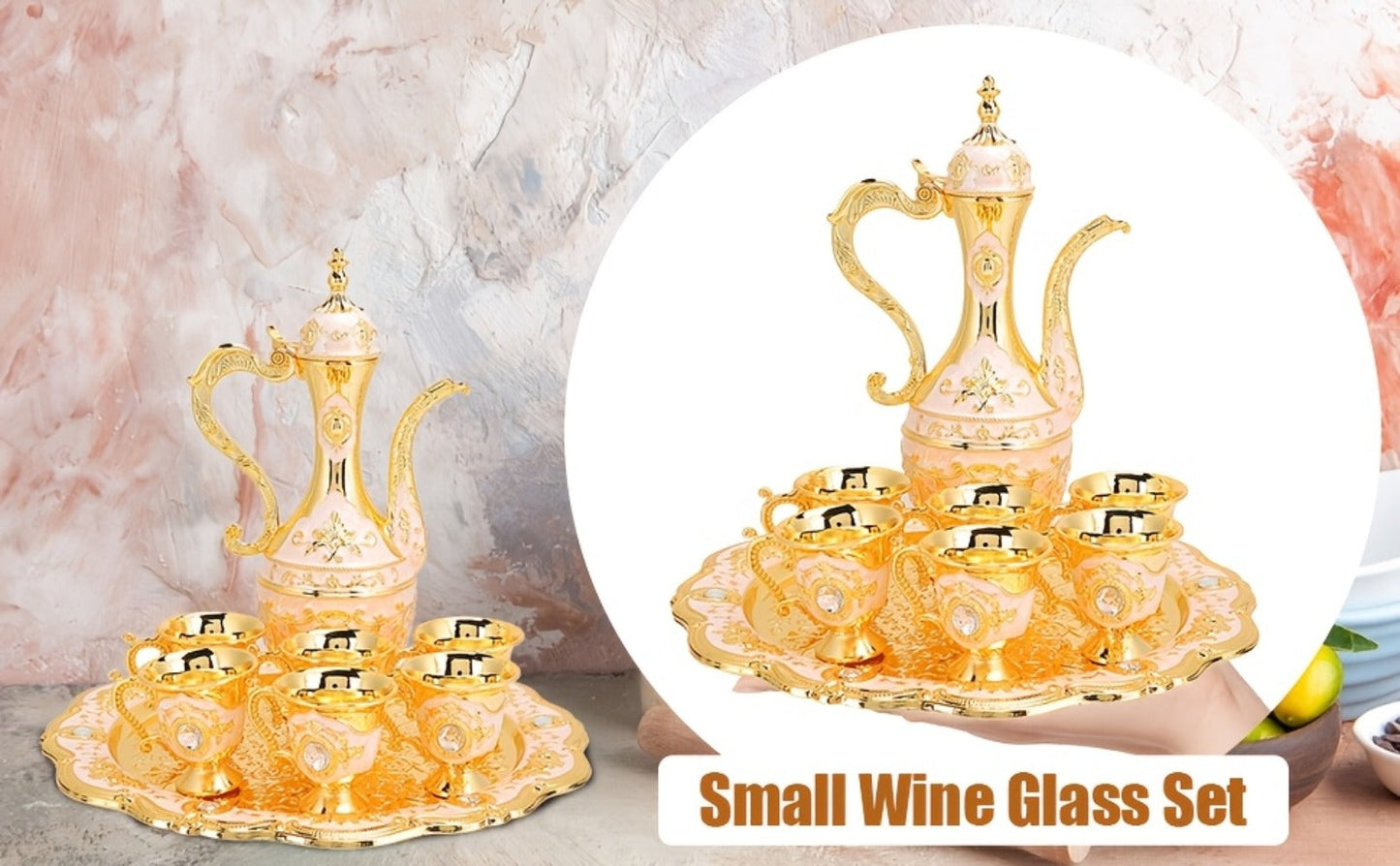 Vintage-Style Turkish Tea and Coffee Serving Set with Teapot, Six Cups and Tray in Three Colors