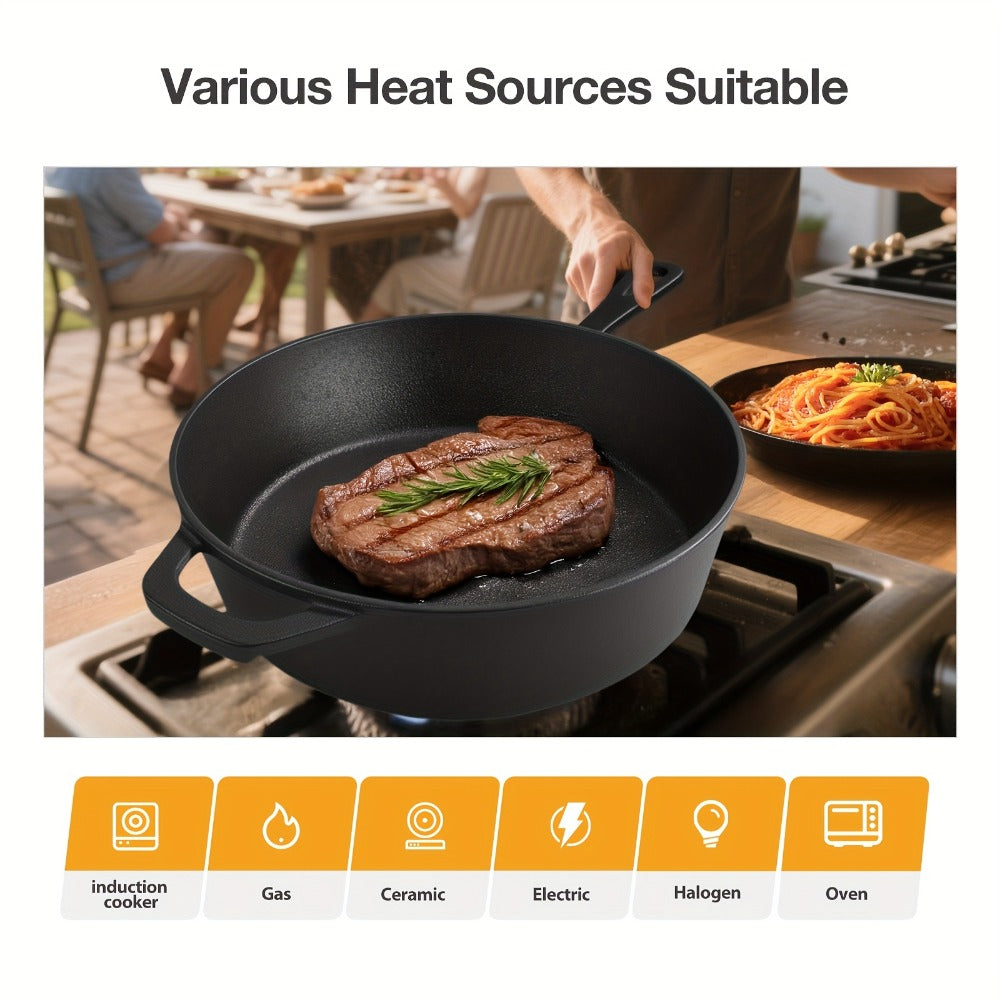 Cast Iron Dutch Oven & Frying Pan Set – Pre-Seasoned 2-in-1 Cookware, Deep Pan + Skillet for Stovetop, Induction, Oven, BBQ & Outdoor Cooking, Multi-Purpose Pots and Pans Set